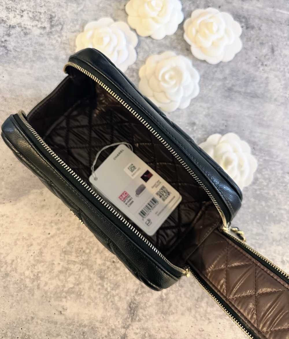 Chanel Black Caviar Leather Double Zip Cosmetic / Toiletry Case